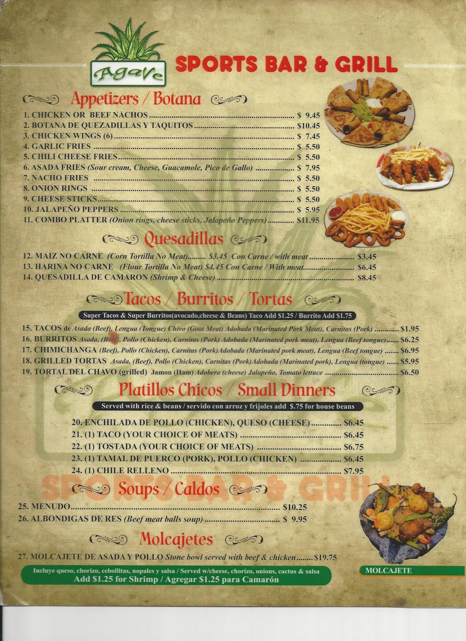 Agave Sports Bar And Grill General Menu