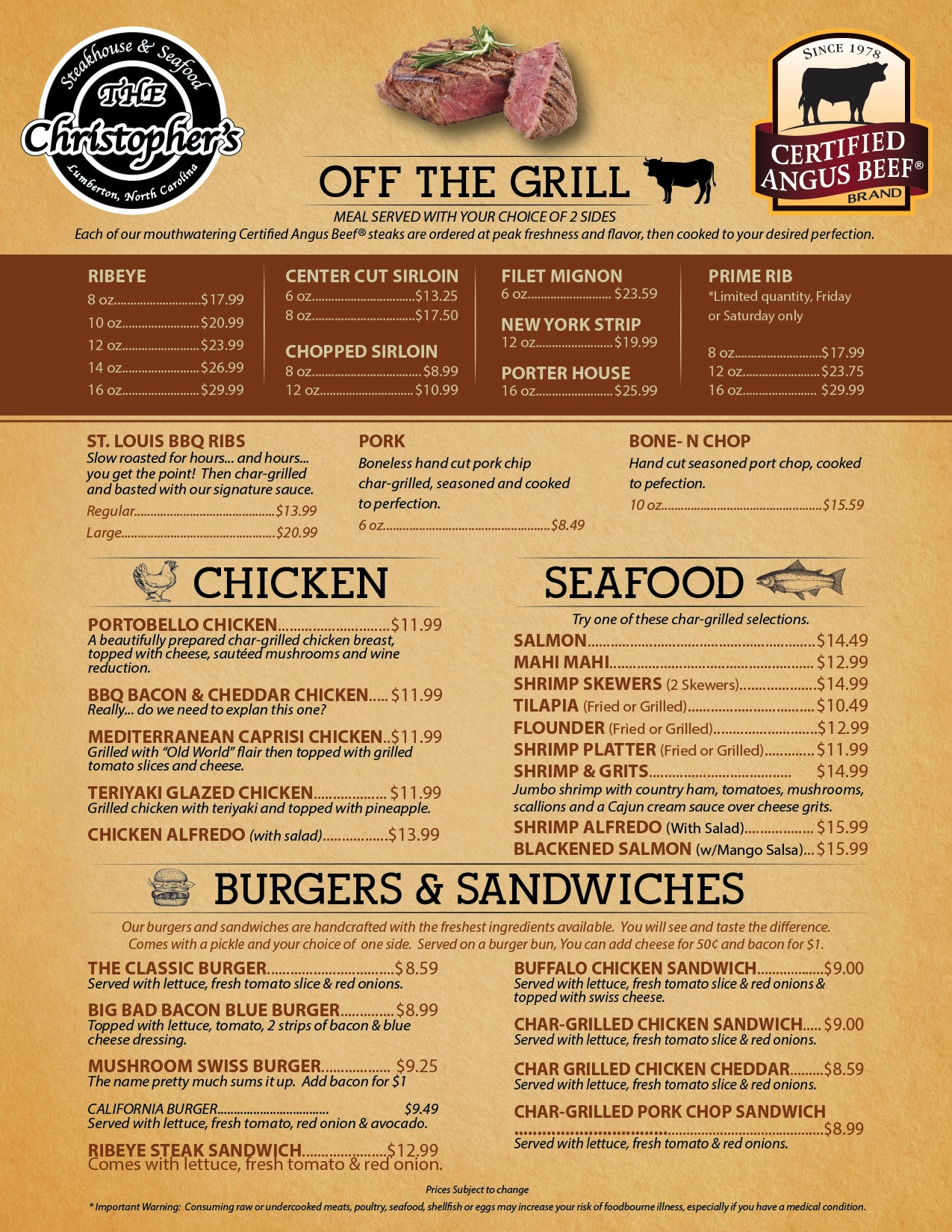 Christophers Steakhouse And Seafood General Menu
