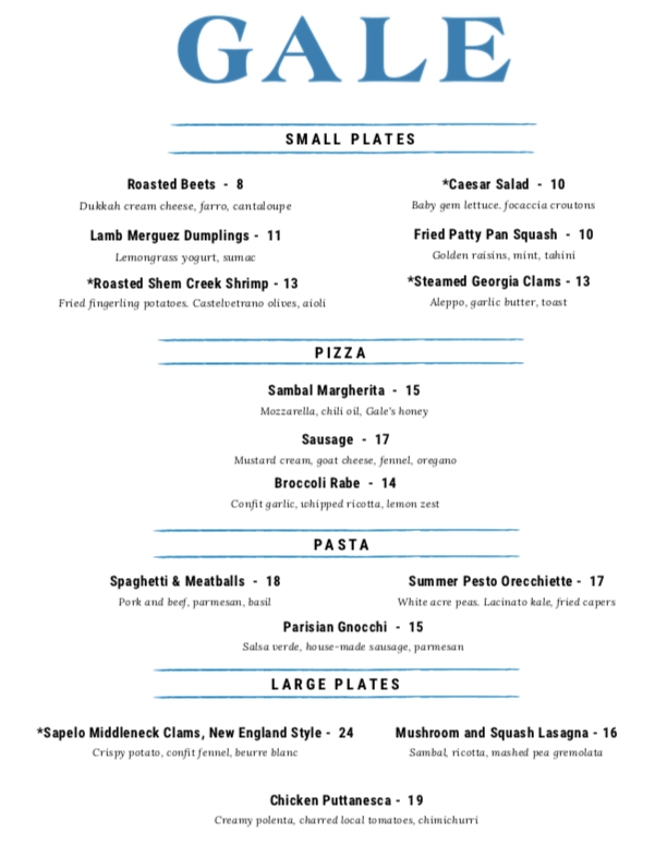 Gale Restaurant General Menu