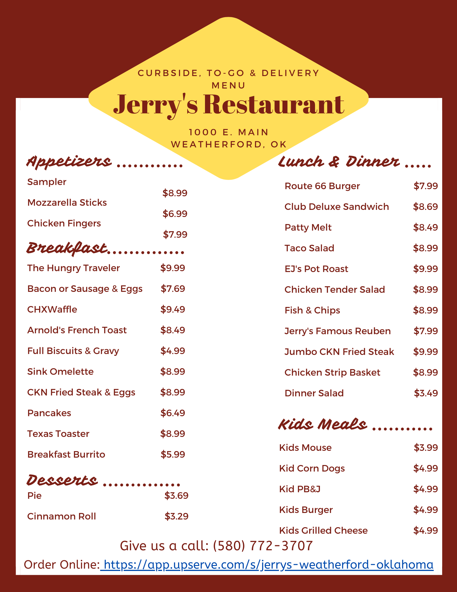 Jerrys Restaurant General Menu