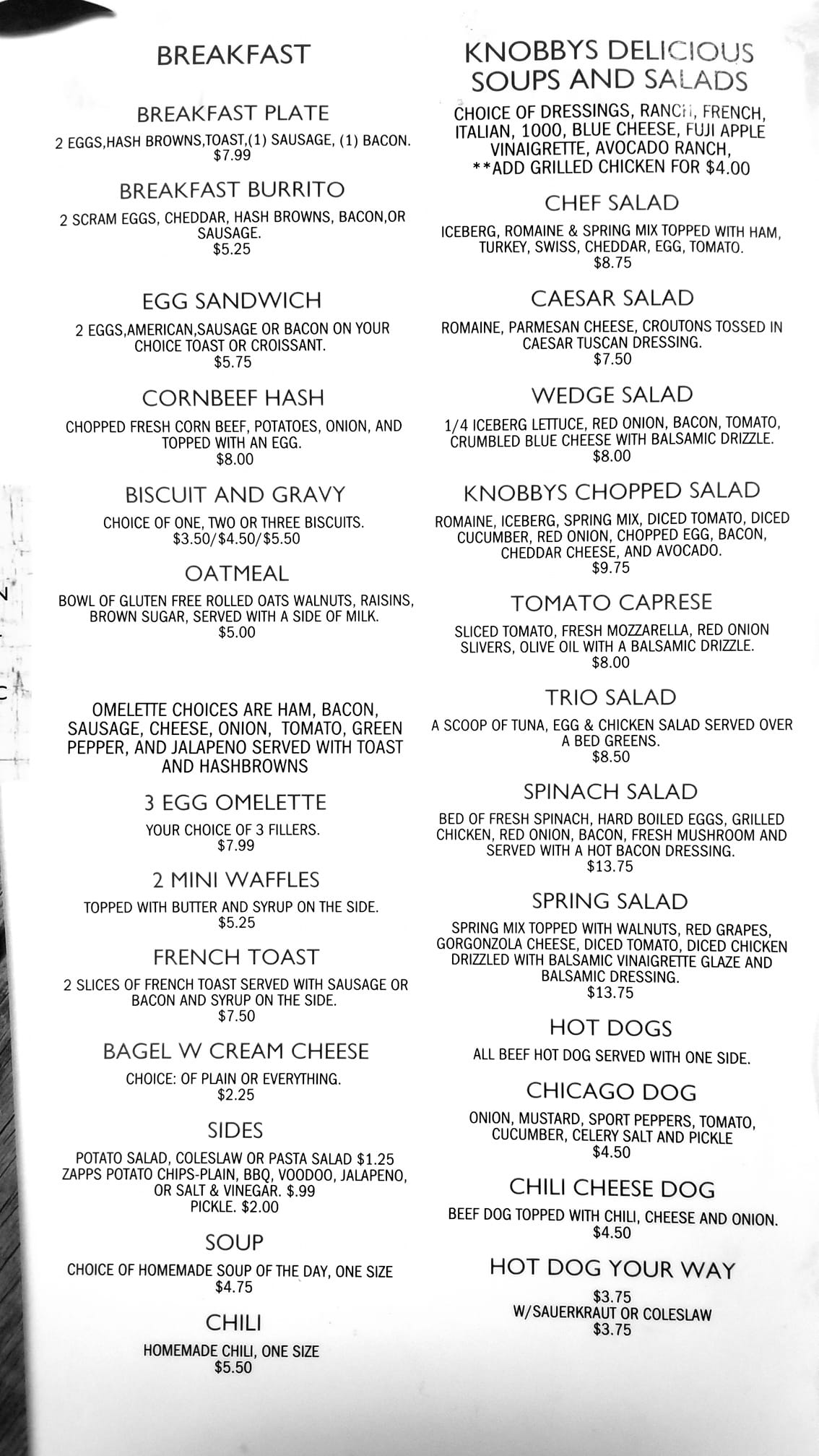 Knobbys Deli General Menu