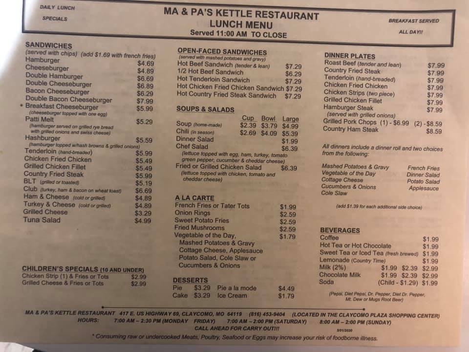 Ma & Pa's Kettle Restaurant General Menu