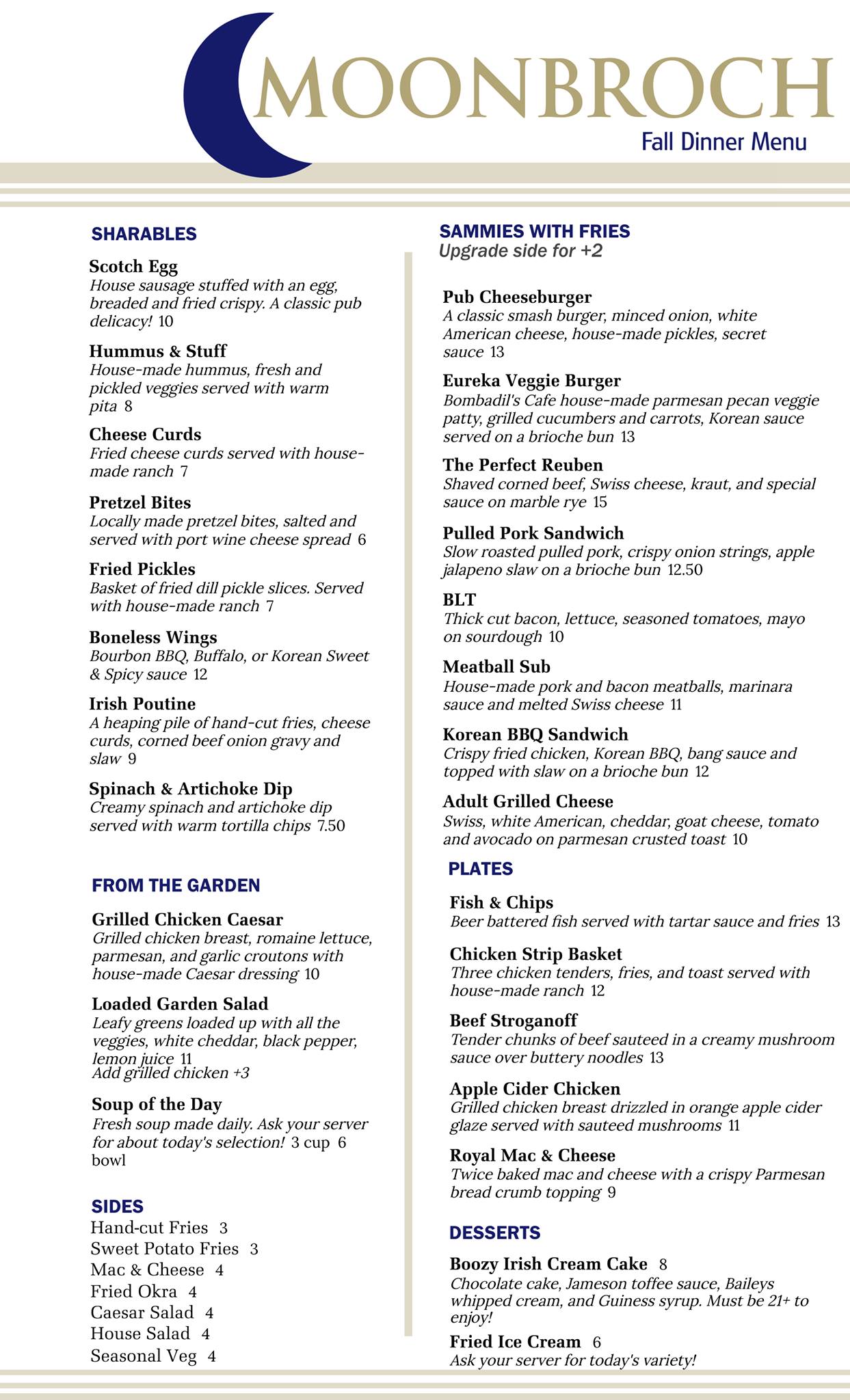 Moonbroch Brewing Company Dinner Menu