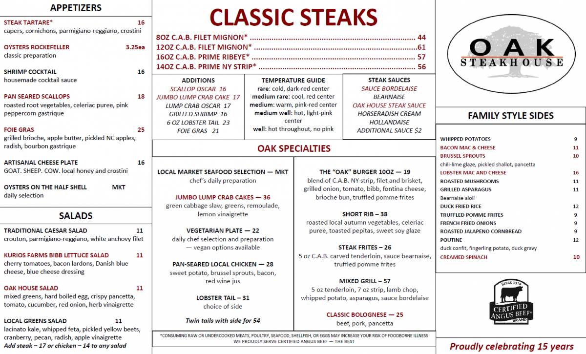 Oak Steakhouse General Menu