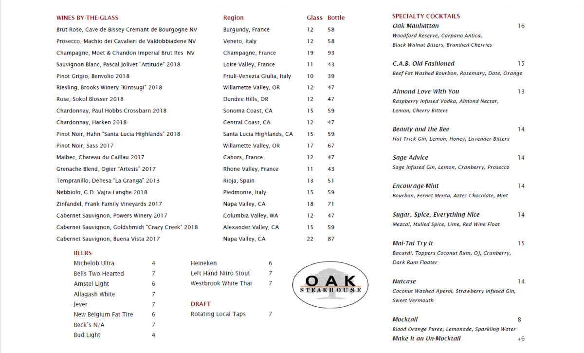 Oak Steakhouse General Menu