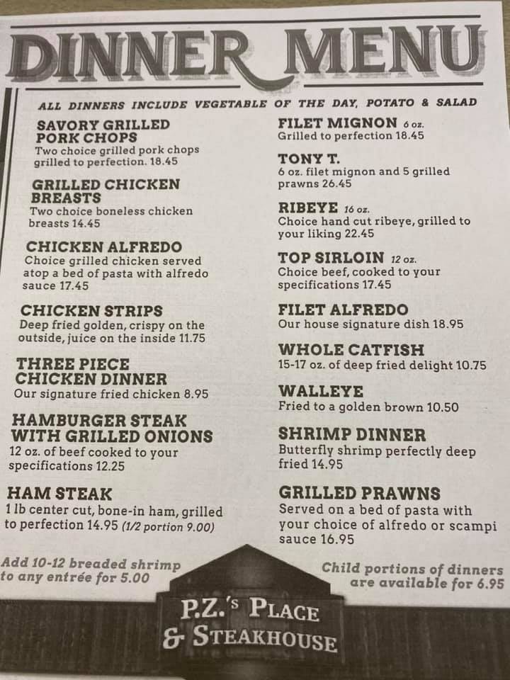 Pzs Place And Steakhouse General Menu