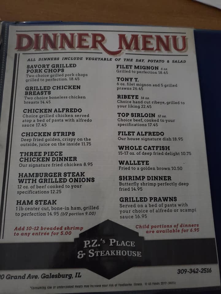 Pzs Place And Steakhouse General Menu