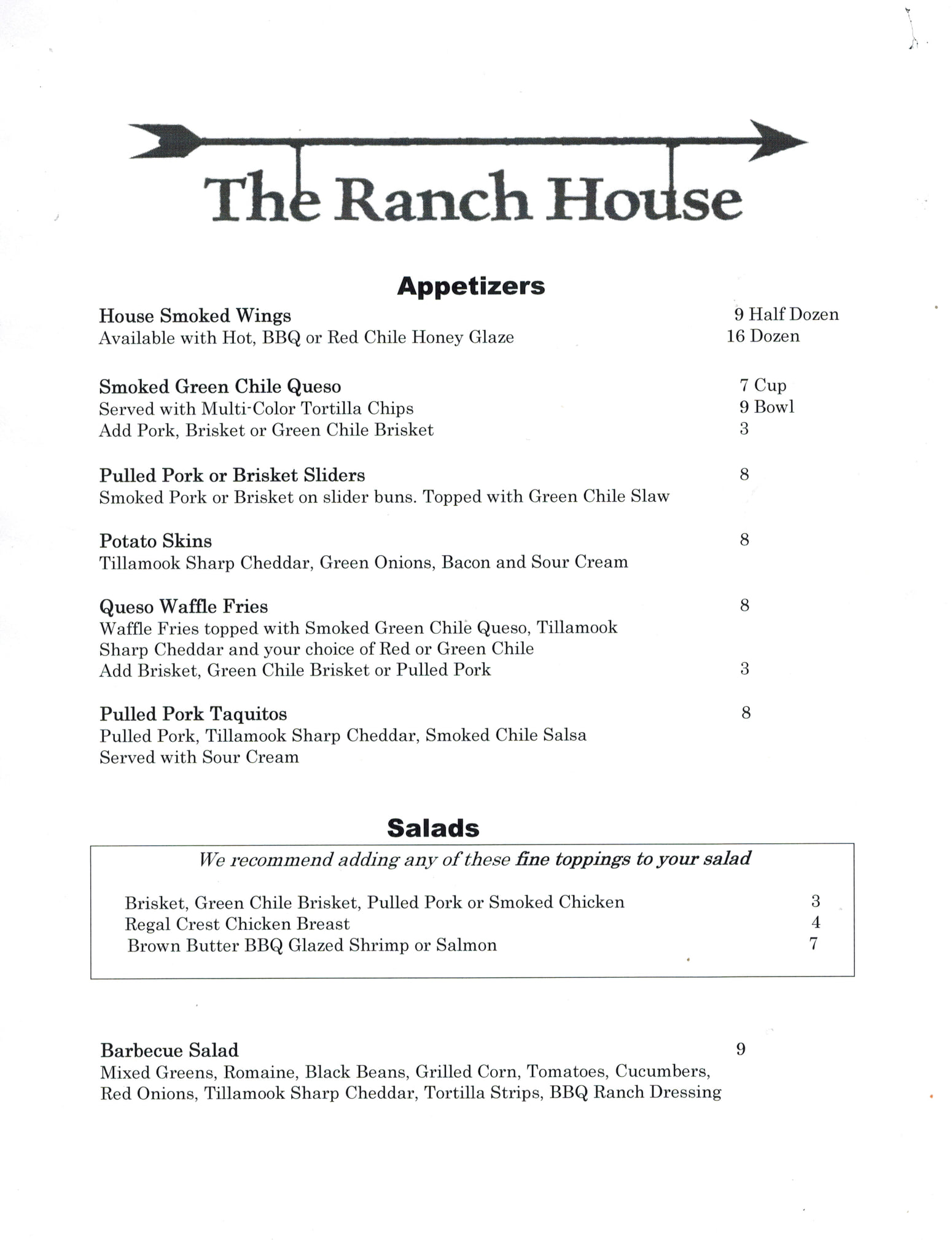 The Ranch House General Menu