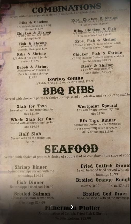 Westpoint BBQ General Menu